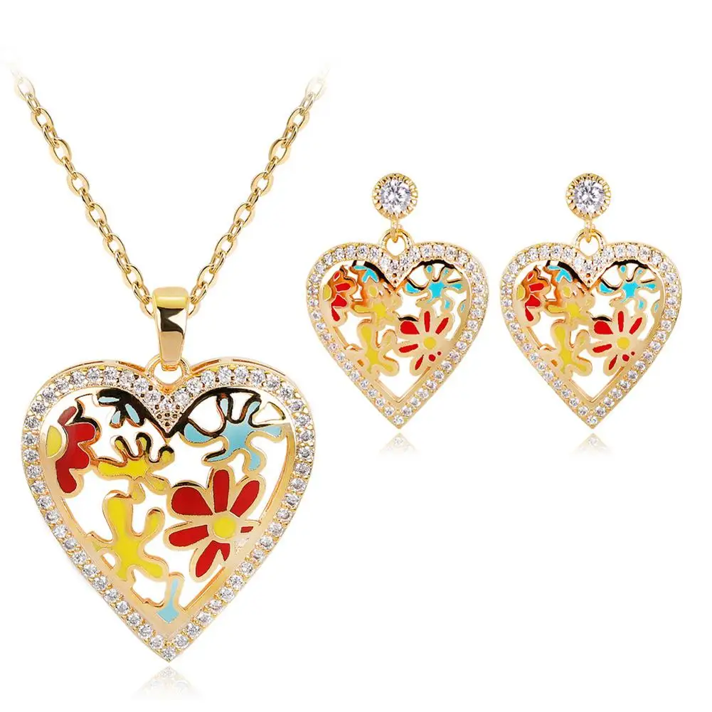 

Fashion Love Heart Hollow Flower Zircon Inlaid Women Earrings Necklace Jewelry Set hot