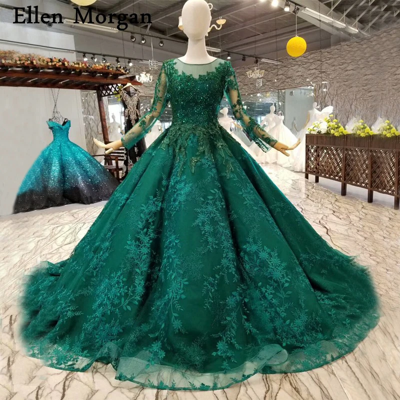 Dark Green Long Sleeves Lace Wedding Dresses With Beaded For African ...