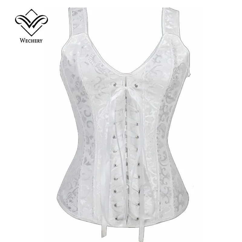 

Wechery Brocade Corset Strap Overbust Waist Corsets Beige/White Steampunk Gothic Halter Lace up Bustier Corset
