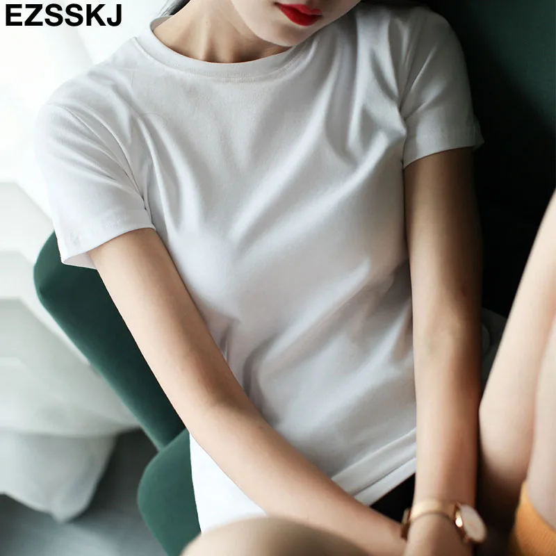 Повседневная Базовая футболка из 95% хлопка, Женская Летняя Сексуальная футболка с круглым вырезом и коротким рукавом размера плюс 3XL, однотонная тонкая женская футболка - Цвет: Белый