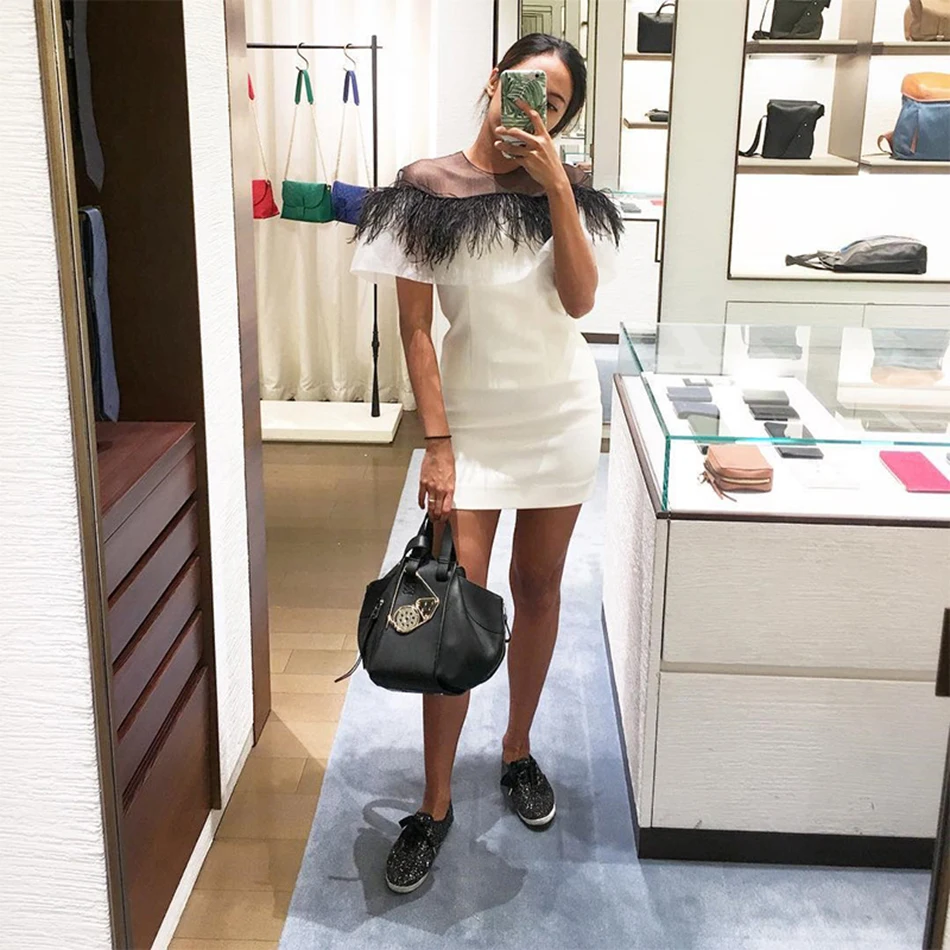 Automne Nouvelle Blanc Qualité Mini 2017 Plumes Femmes Haute Celebrity Party Bandage Clubwear Robes Robe Arrivée EdIXwRq