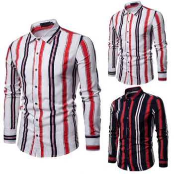 

2019 Brand Men Shirts Slim Fit Male Shirts Long Sleeve British Style Cotton Men's Shirt Stripe Blouse Tops Turn-Down Collar
