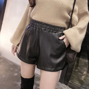 

Women Casual Black PU Leather Shorts With Pockets Loose Short Summer Women Size S-XXXL