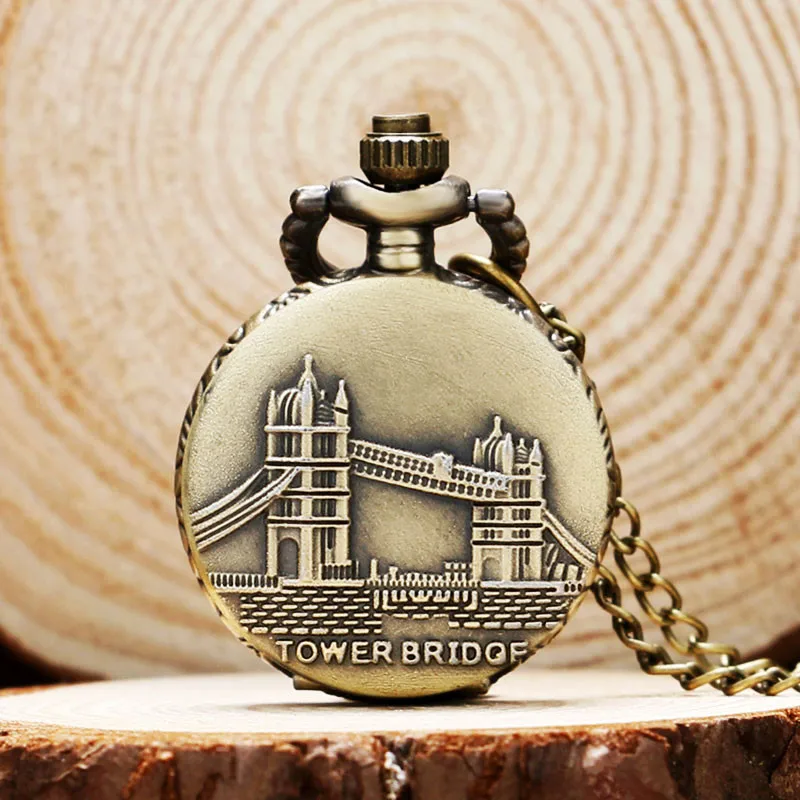 Antique Small Pocket Watch UK Tower Bridge Carving Slim Necklace