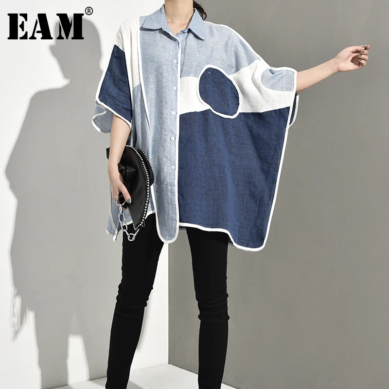 

[EAM] 2019 New Spring Summer Lapel Three-quarter Sleeve Blue Pocket Split Big Size Oversize Shirt Women Blouse Fashion WA35205