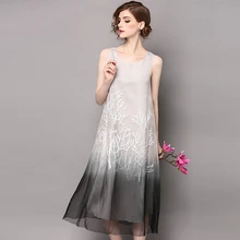 Шелковое платье женское с вышивкой градиентный Дизайн О-образный вырез без рукавов легкая ткань прямое элегантное платье Новая мода