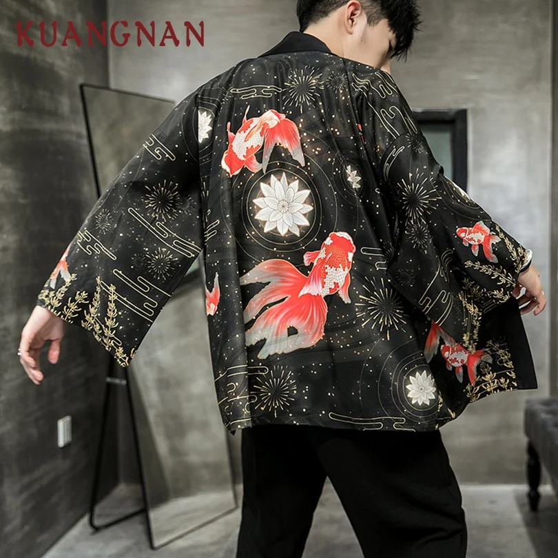 KUANGNAN красный карп печати кимоно для мужчин японское кимоно кардиган Harajuku кимоно рубашка Мужская Уличная Мужская гавайская рубашка 5XL Новинка