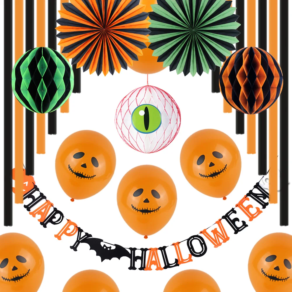 Набор из 25 Хэллоуин аксессуары глазного яблока Honeycomb шары вентиляторы Happy баннер Хэллоуина воздушный шар оранжевый черный фестиваль