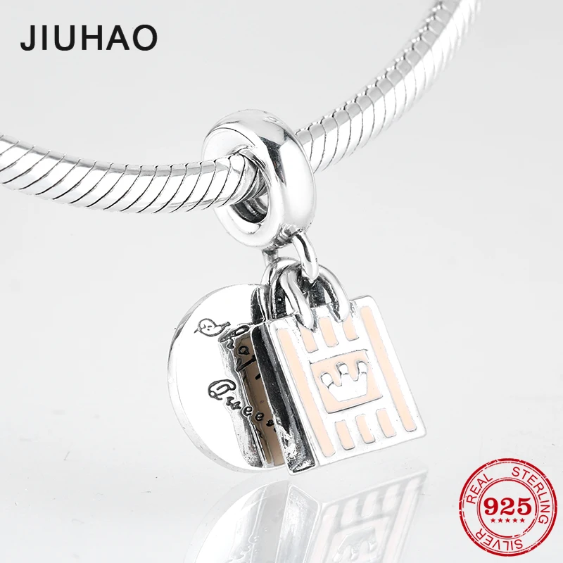 

Real 925 Sterling Silver Shopping Queen charms soft pink Enamel Pendants Fit original pandora charms Bracelet Jewelry making