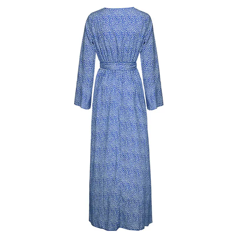 Fashion Women V-Neck Long Dress 2019 Flare Sleeve Elegant Bohemia Floral Print Bow Bandage Maxi Dress Vestidos Plus Size 3Y22 (10)