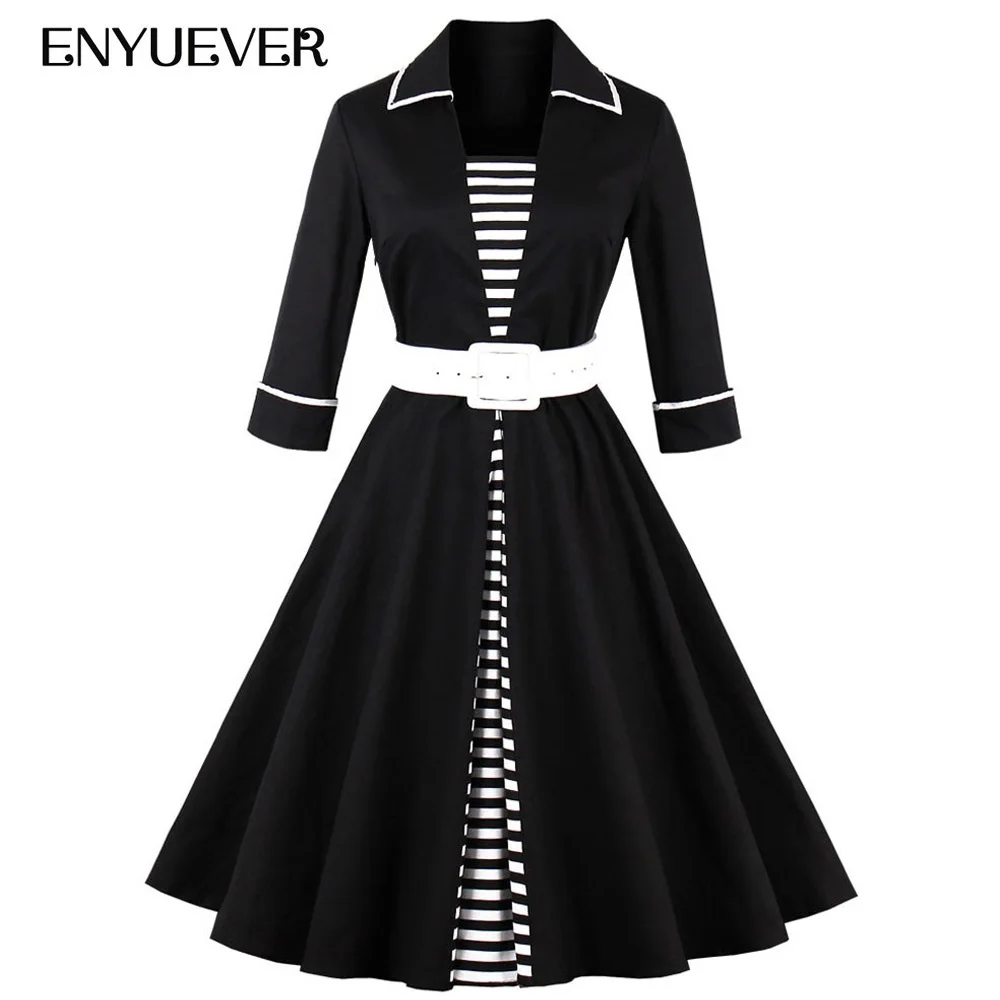 

Enyuever Autumn Women Dress Casual Patchwork Black White Striped Sleeve Belt Elegant Robe Pin Up Vintage Dress Plus Size Clothes