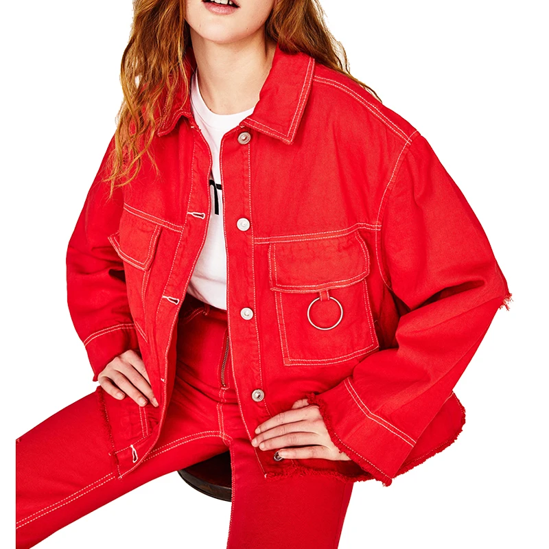 

O-Ring Detail Destructed Denim Jacket 2018 Spring Single Breasted Plain Women Coat Red Collar Casual Jacket