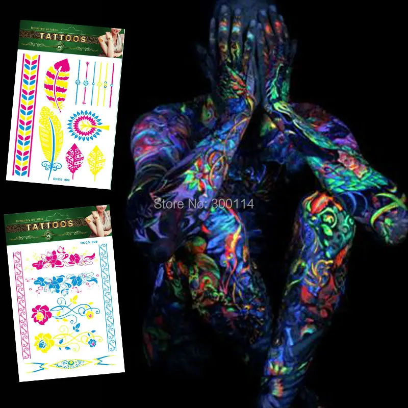 Louco do Partido Atacado Luminosa Fluorescente Luz Férias Tatuagem Temporária Harajuku Boate Fluorescência Tatuajes Corpo 500 Pcs 5 High Quality Beleza e saúde