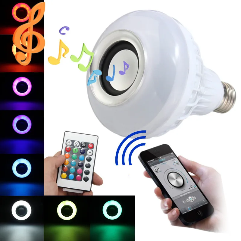 

Wireless Bluetooth Speaker E27 12W RGB LED Light Bulb AC100-240V Smart Led Light Music Player Audio W/24 Key Remote Controller