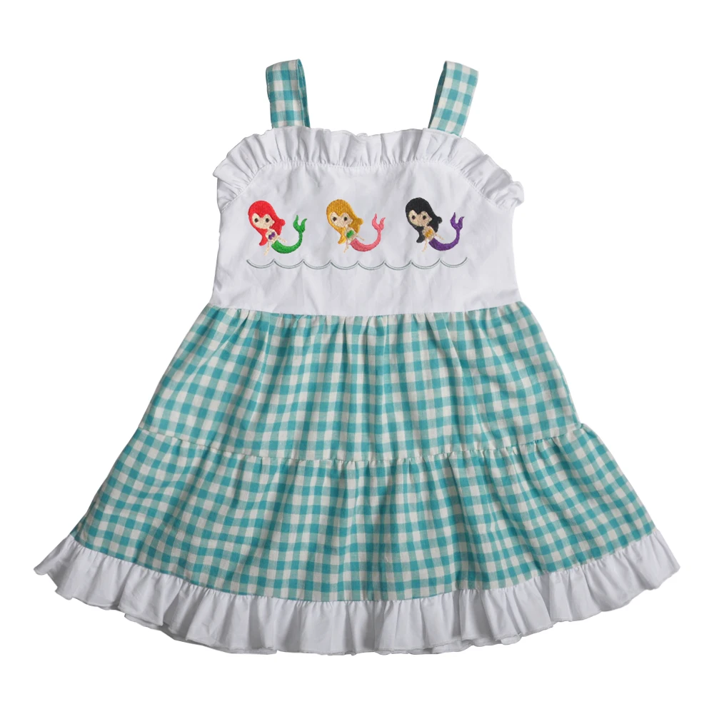 Летняя эксклюзивная хлопковая одежда для детей, одежда с вышивкой русалки для девочек, тканый клетчатый костюм, 2GK903-1156-HY
