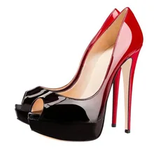 2016 Sexy Women Gradient Black Red Patent Leather Skyhigh Party Shoes High Heel Evening Peep Toe Platform Stiletto Pumps