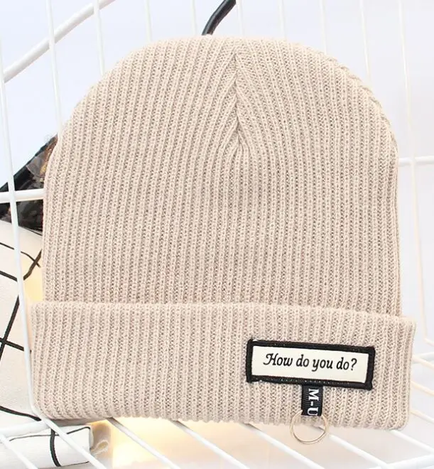 HUE006 как вы делаете Beanie вышивка для мужчин и женщин железное кольцо вязаная шапка вязанные шапочки Skullies теплая зимняя унисекс Лыжная хип-хоп шапка - Цвет: beige