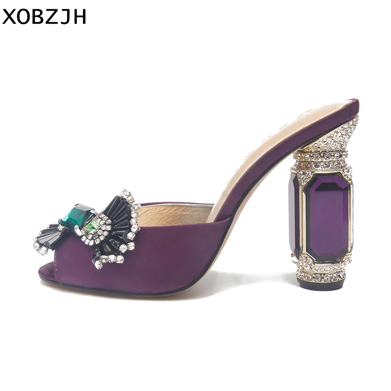 

Summer Shoes Designer Rhinestone Sandals Women High Heels 2019 Brand Glass heel Luxury party Sandals Shoes Woman Plus size us 11
