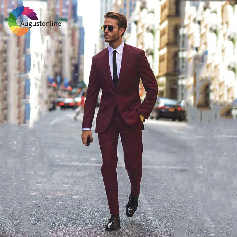 

High Street Burgundy Business Men Suits Wedding Groom Tuxedo 2 Pieces Jacket Pants Slim Fit Best Man Blazer Ternos