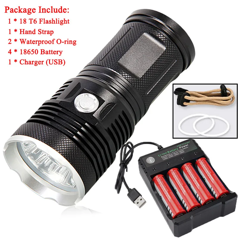 18 x XM T6 LED 4 Modes Flashlight Torch 4 x 18650 Hunting Lamp Lampe LED Camping Work light Linterna Lanterna Powerful A1 - Испускаемый цвет: With Battery Charge