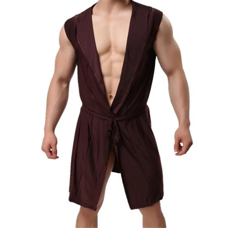 Для мужчин с капюшоном ночное белье, пикантные летние ультра-тонкие пижамы без рукавов, Для мужчин халат Костюмы пижамы