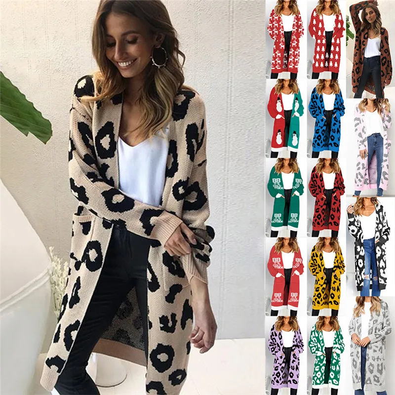 Новинка, брендовый осенне-зимний модный женский свободный вязаный свитер с леопардовым принтом и длинным рукавом, женское вязаное пальто, женский кардиган