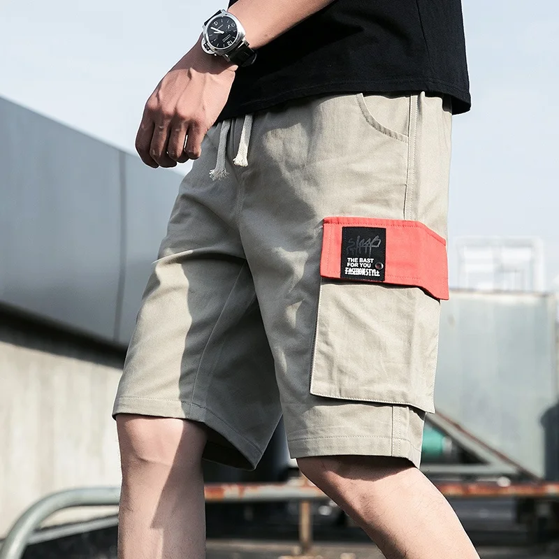 Летние мужские прямые спортивные повседневные брюки тренд микро-эластичный мульти-карман рабочие пять брюк - Цвет: Ligth Khaki