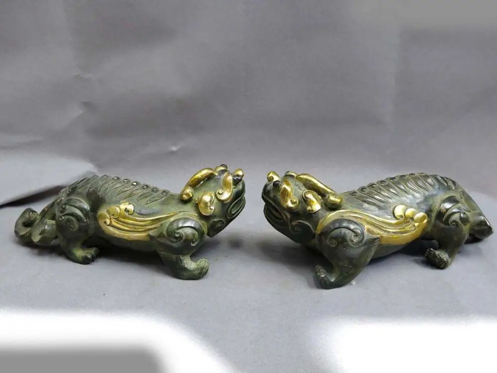 

China Feng Shui bronze gild copper good luck dragon son sculpture pair Statues