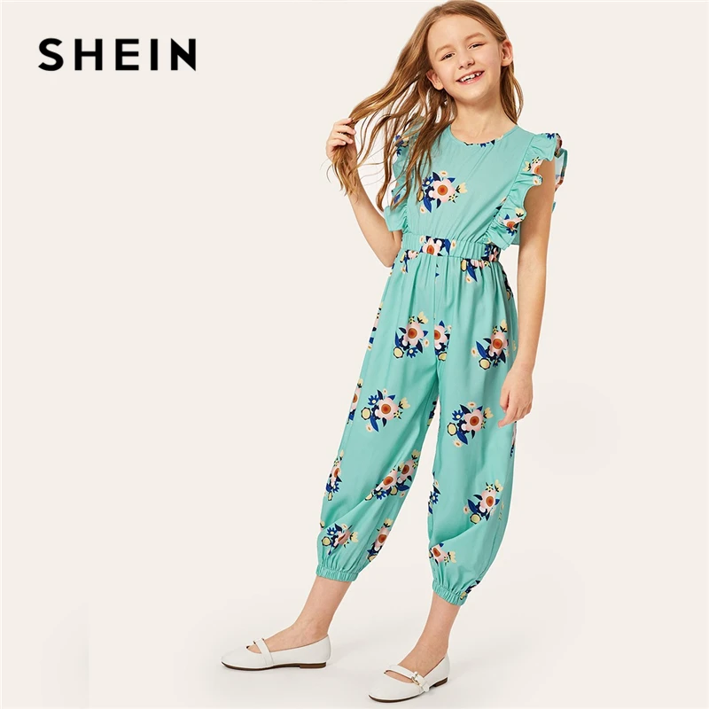 SHEIN Kiddie Turquoise Floral Print Ruffle Trim Girls Jumpsuit 2019 Summer Sleeveless Vacation Casual High Waist Kids Jumpsuits