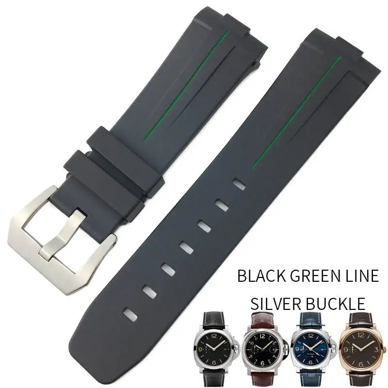 24mm Rubber Silicone Watch Strap Black Waterproof Needle Buckle Watchband Suitable for Panerai Luminor Series Watch for Man - Band Color: black green silver