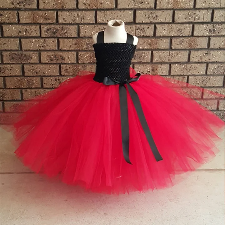 Черный и красный юбка-пачка для девочек платье принцессы для девочек свадебное вечернее платье на день рождения детская одежда тюль для девочек в цветочек бальное платье - Цвет: Красный