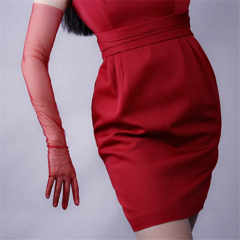 

Mesh Gloves Lace Ultra-Thin Long Style Women's Deep Red Touchscreen Gloves Evening Vestido 70cm long Female Mittens TB31-1