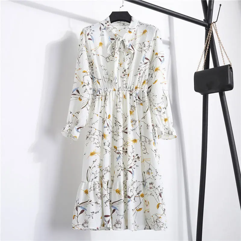 Корейское женское шифоновое платье, летнее, винтажное, с принтом, элегантное, с длинным рукавом, с цветочным рисунком, длинное платье, Boho Vestidos, офисная одежда, Империя - Цвет: 9baiHC