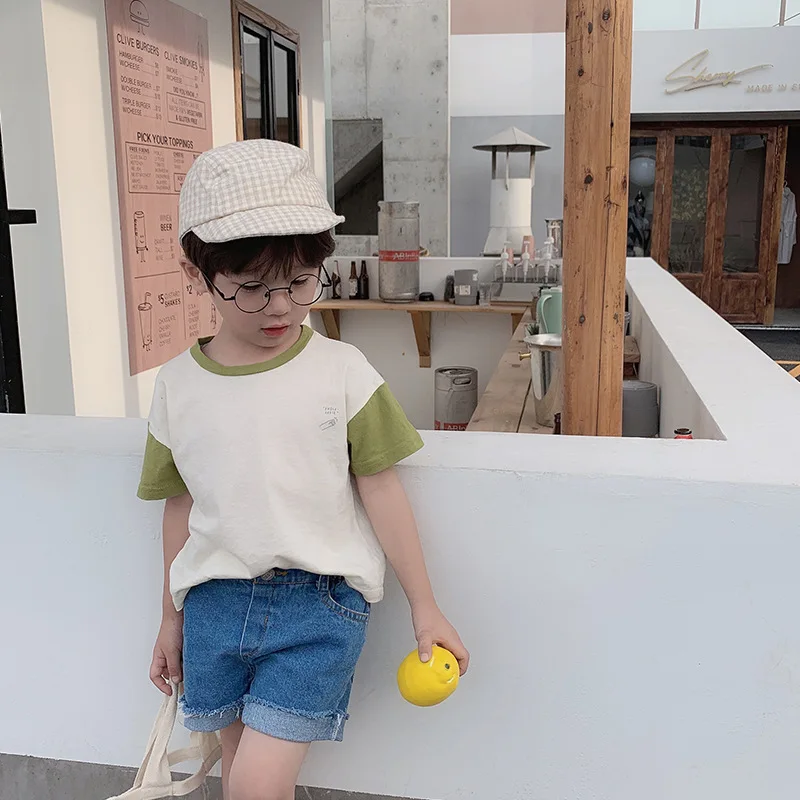 

Korean style boys cotton fashion Spell color sleeve casual T shirts 1-6 years kids printed casual Tops clothes