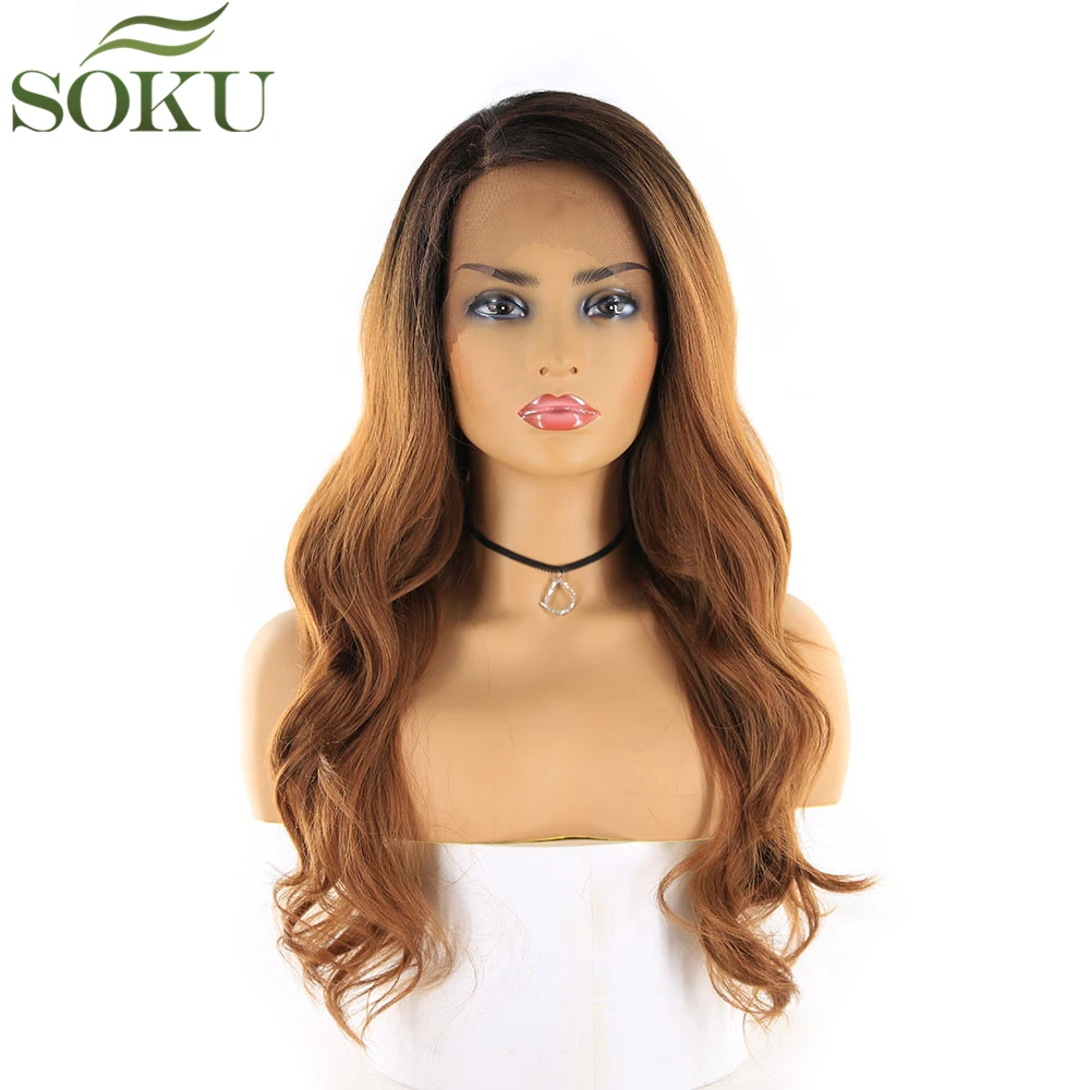 

Black Brown Blonde Synthetic Lace Front Wigs SOKU Long Wavy Free Part Wig 130% Density Trendy Wig For Black Women