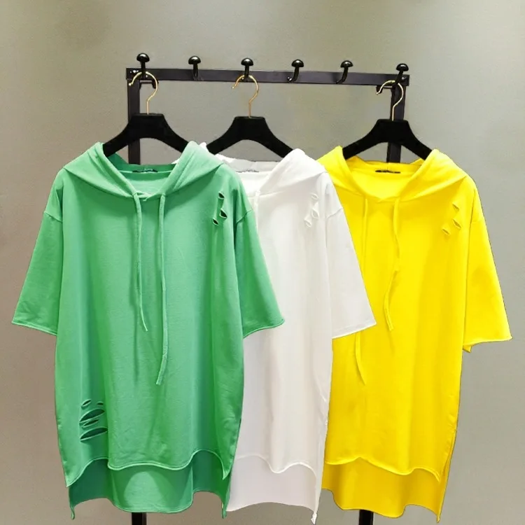 

2018 Summer Autumn Loose Hooded T-shirt Women Holes Half Sleeves Cap Sweatshirt Tops Students Casual Pullovers Tees