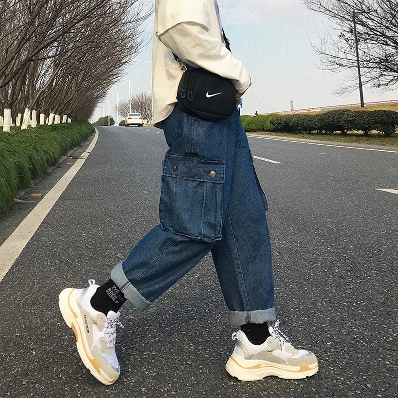 

MIXCUBIC 2019 spring Korean style Unique large pocket jeans men casual slim washing Straight cargo jeans men size M-XXL