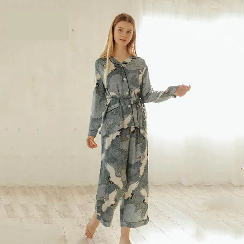 

CEARPION New Print Crane Women Pajamas Set Autumn Spring Long Sleeve 2 Pcs Shirt+pant Sleepwear Elegant Female Home Clothes