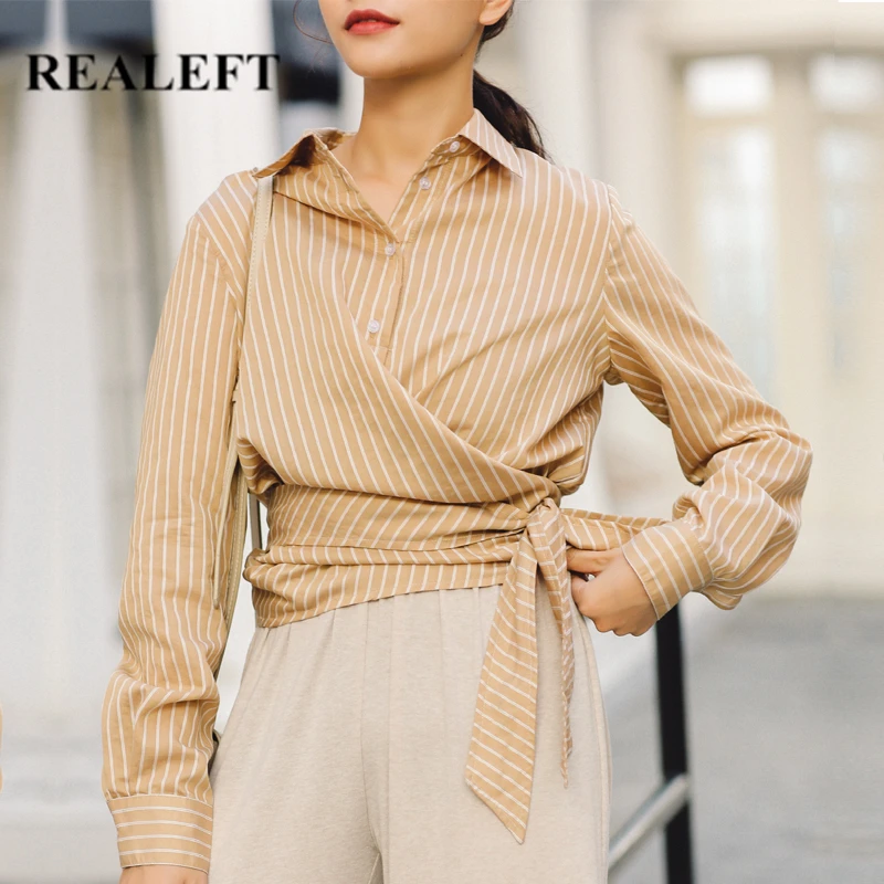 REALEFT осень новое поступление женская элегантная полосатая блуза с бантом сбоку длинный рукав отложной воротник свободные офисные женские