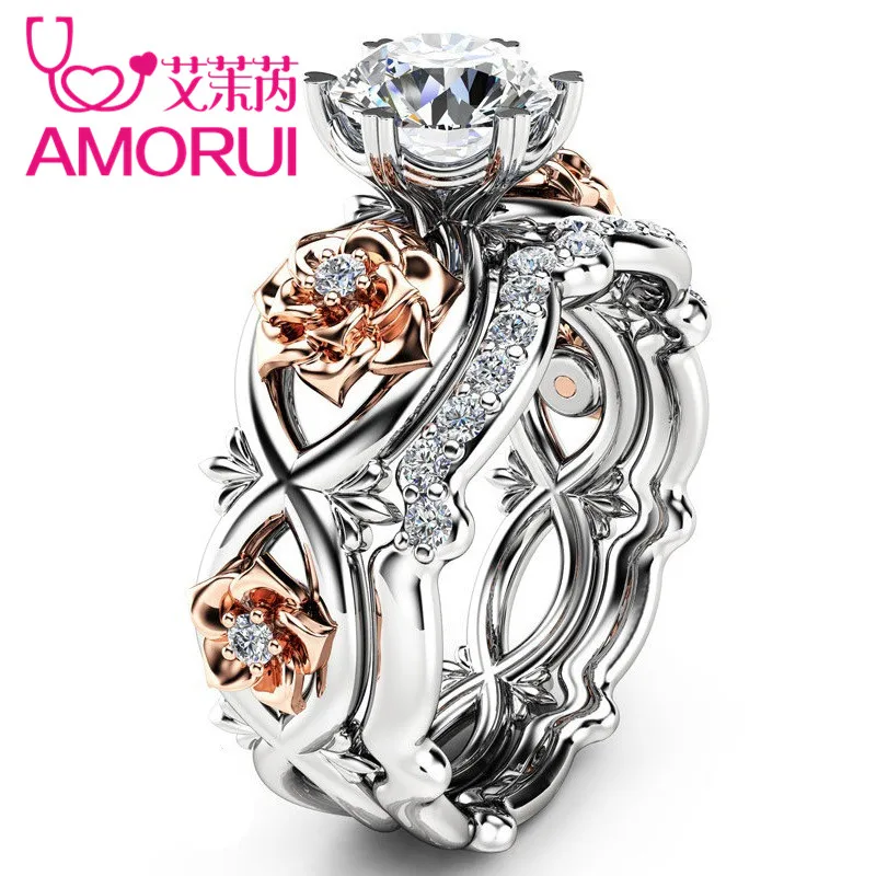 AMORU Rose Flower CZ Stone Wedding Rings for Women Jewelry Crystal Love Engagement Silver Ring Set Dropshipping Bague Femme Gift
