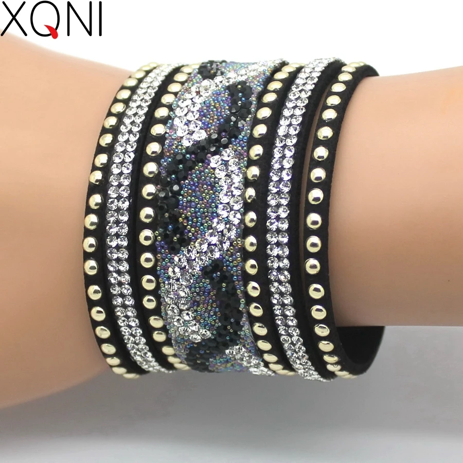 

2017 XQNI Brand Top Crystal Leather Bracelets & Bangles Personality Printed Pave Setting Rhinestone Charm Bracelet For Women