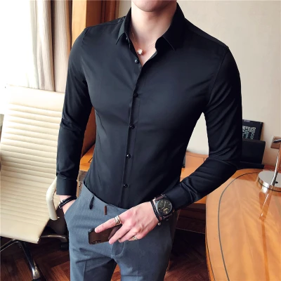 Повседневная рубашка Slim Fit Мужские рубашки бизнес Camisa Masculina с длинным рукавом сплошной цвет черный белый Высокое качество