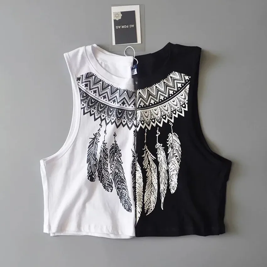 

New Summer O Neck Sleeveless Casual Tank Tops Boho Women Feather Print Fitness Vest Sleeveless Crop Top