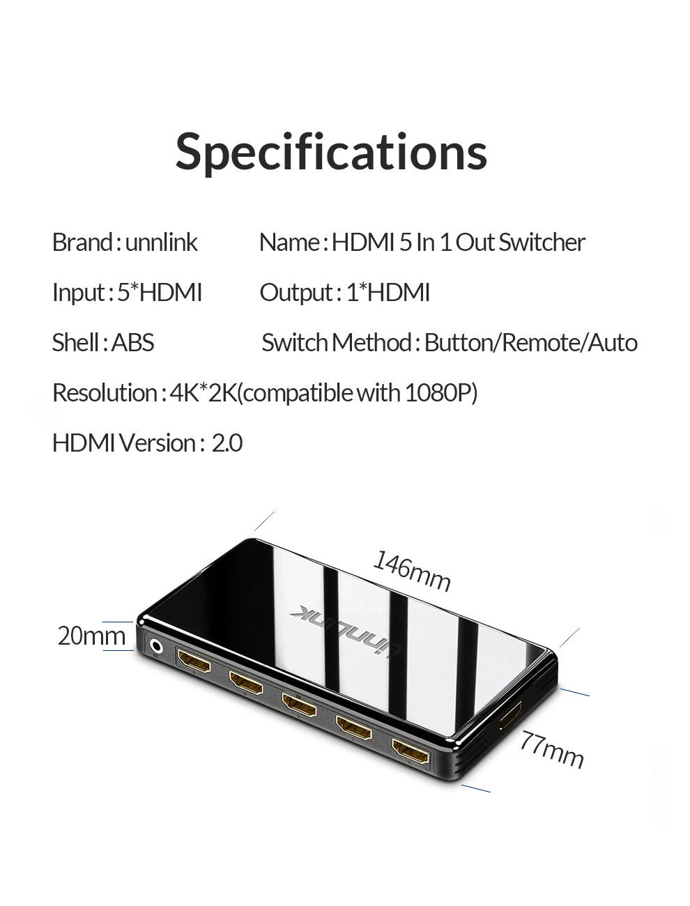 Unnlink HDMI коммутатор 5x1 HDMI 2,0 UHD4K@ 60 Гц RGB4: 4: 4 HDCP 2,2 HDR 5 в 1 выход для Smart tv MI Box3 PS4pro проектор