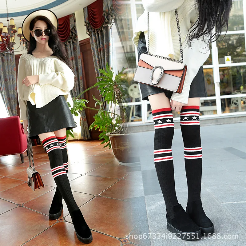 

striped knitting stretchy tall slim leg booties women 2019 print thick bottom long bottine woman over the knee elastic sock boot
