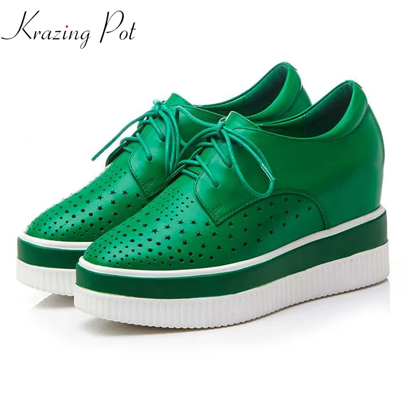 

Krazing Pot new arrival cow leather shoes women square toe women pumps thick bottom wedges hollow increased oxford shoes L2f9