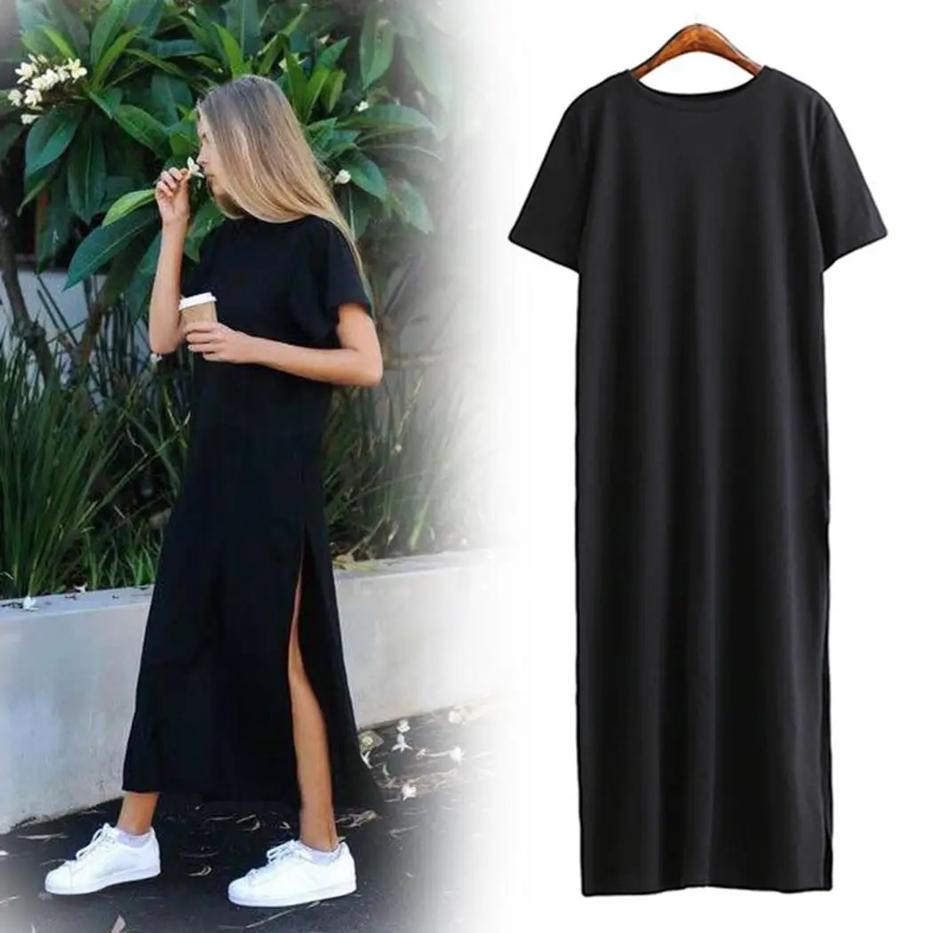 

Women Summer Casual O-Neck Short Sleeve Solid Loose Dress Daily Black