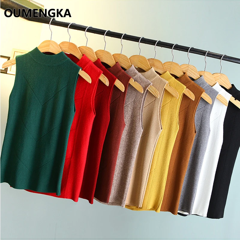 

OUMENGKA 2018 Women's Sleeveless Sweaters Women Cashmere Blend Knitted Turtleneck Solid Color Short-Sleeve Pullovers Tees