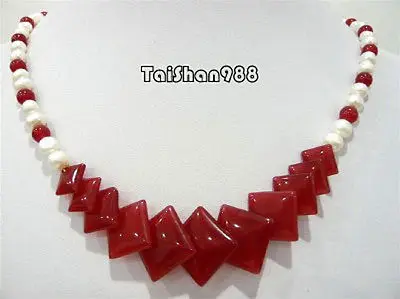 

Hot sale Free Shipping>>>Real White Pearl Red Jade Square 18KWGP Clasp Pendant Necklace