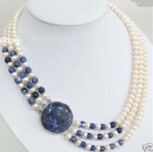 

HOT 001156 3 Rows Natural 7-8mm White Cultivation Pearl & Lapis lazuli Round Beads Necklace
